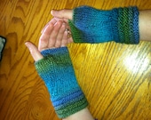 Soft Knit Fingerless Gloves - Shades of Blue and Green Yarn S/M