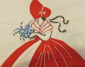 Vintage 1930s Linen Tablecloth Topper or Bridge Cloth with Red Crinoline Lady in Hoop Skirt & Bonnet