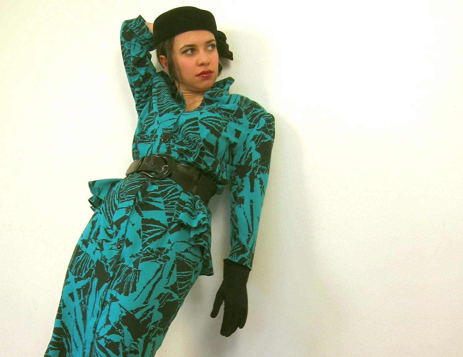 Vintage Peplum Dress 1940s Style but 1980s Made in Green Black Graphic Print