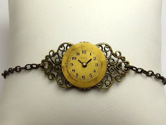 Steampunk Clock Watch Face Bracelet, Gears, Victorian Style Antiqued Brass Chain