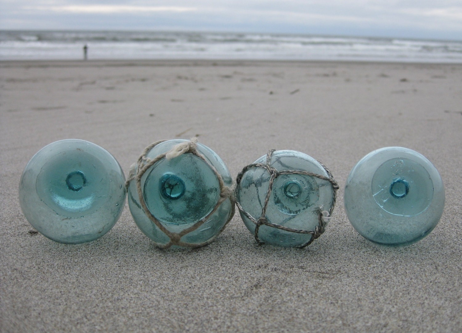 Japanese Glass Fishing Floats - Set of 4, Golfball Size, Original Nets