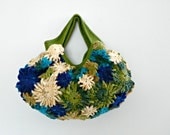 Handbag, Crochetted daisy flower bag, beautiful colors green shades and blue cream, fun daisy spring and summer trendy bag