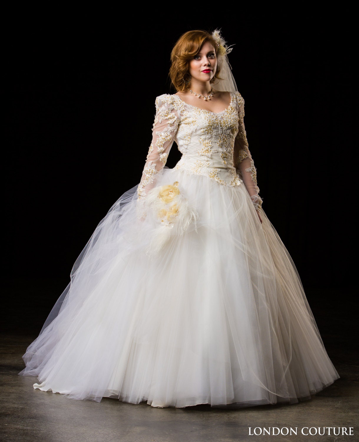 Upcycled Vintage Off-White Ballgown Style Wedding Dress w/Tulle Skirt