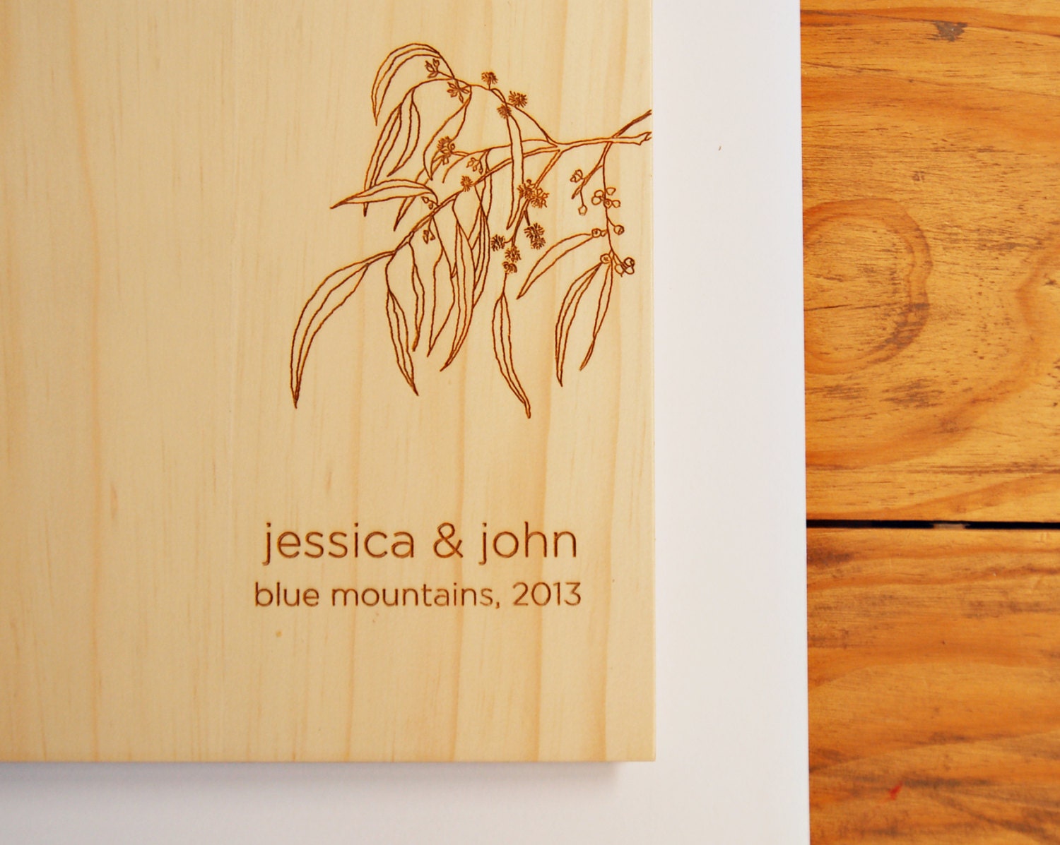 australian wood guest book custom wedding personalized bridal engagement rustic modern // eucalyptus branch 30 pages
