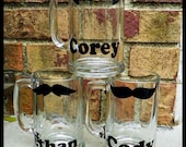 Set of 3 Men's Personalized Mustache Beer Mug Stein Groom Glasses Glass -- Best Man -- Groomsmen -- Wedding Favor Gift