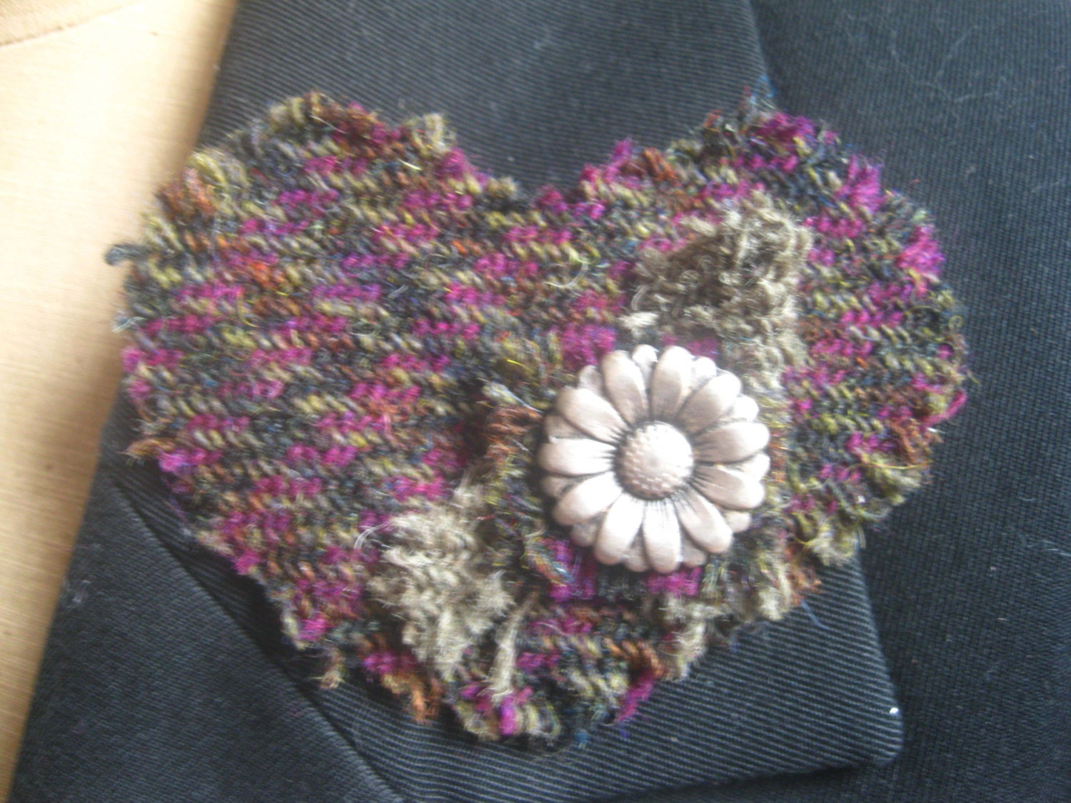 Harris Tweed Fabric Heart shaped Brooch Purple and Black
