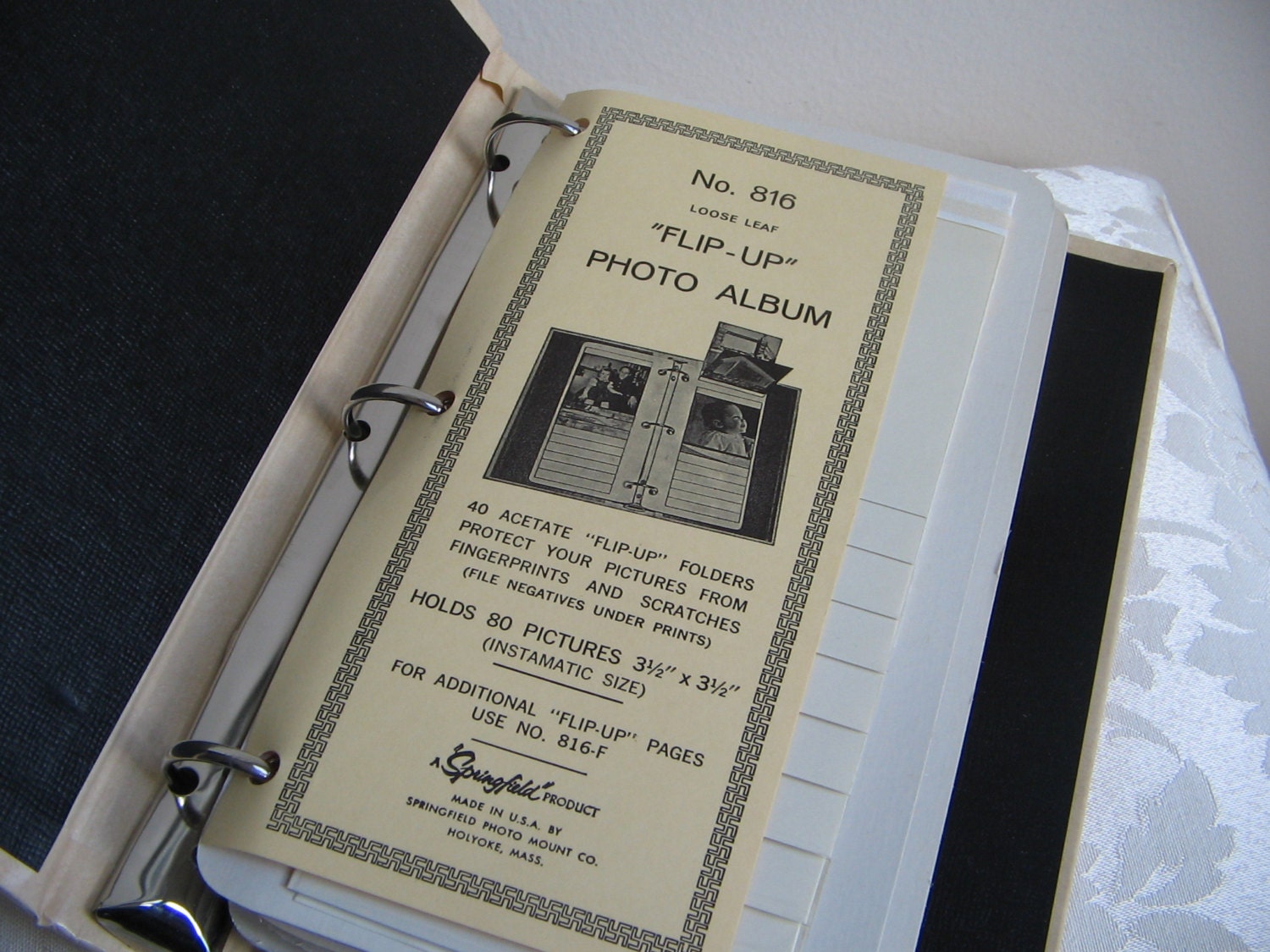 Vintage Photo Album Unused Flip Up Style by Springfield, Mid Century Cream Faux Leather Gold Embossed With Extra Refills, Made in USA