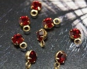 10 - 5mm Vintage Swarovski Crystal Siam Ruby Red  Baby Drops - Polished Brass Settings - made in 1970s or earlier
