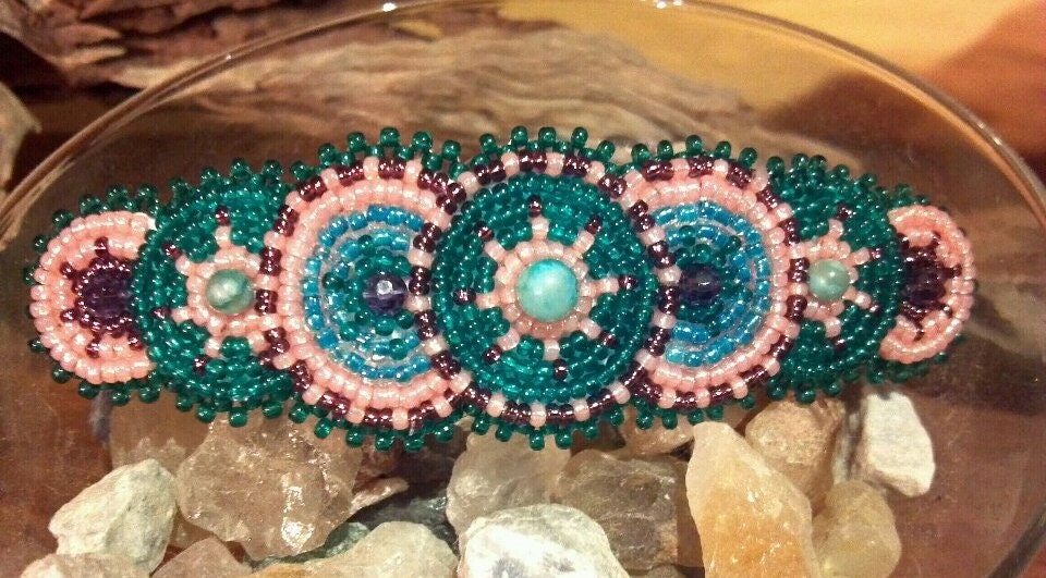Teal Aqua Hair Barrette Swarovski Handmade Seed Beaded Unique New Gift
