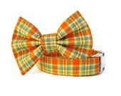 Bow Tie Dog Collar - Orange Citrus Plaid - Nickel Hardware
