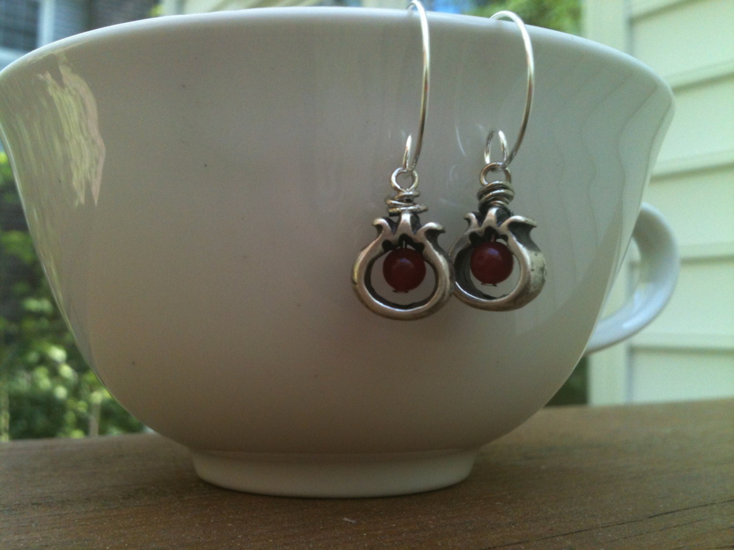POMEGRANATE With Bead as Seed Charm Dangle Circle Ear Wire Pretty / Special / Unique and Delicate