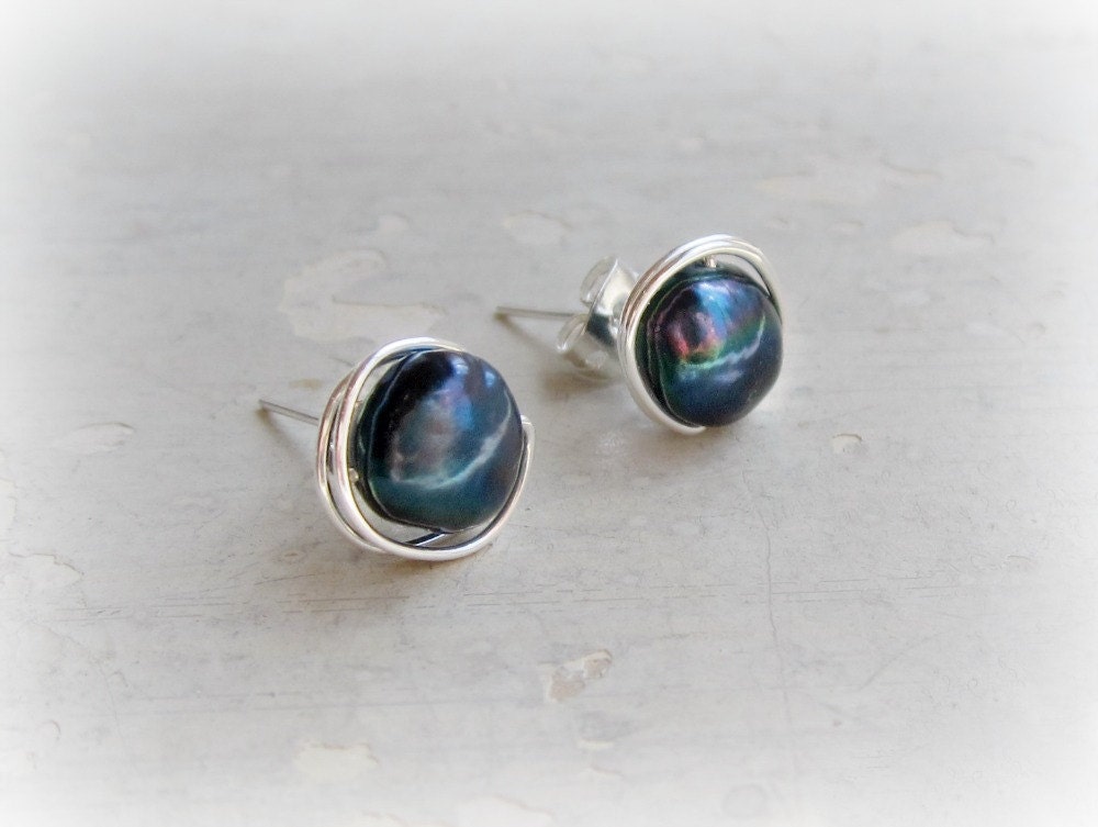 Midnight Blue Freshwater Pearl Stud Earrings // Sterling Wire Wrap Posts