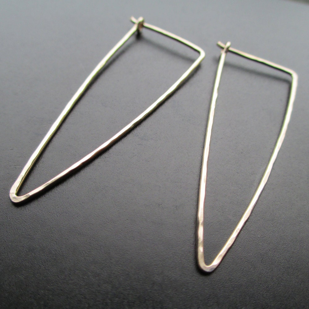 Long Triangle Hoops - LARGE ISOSCELES - 14k Gold Filled Hammered Dangle Interchangeable Earrings