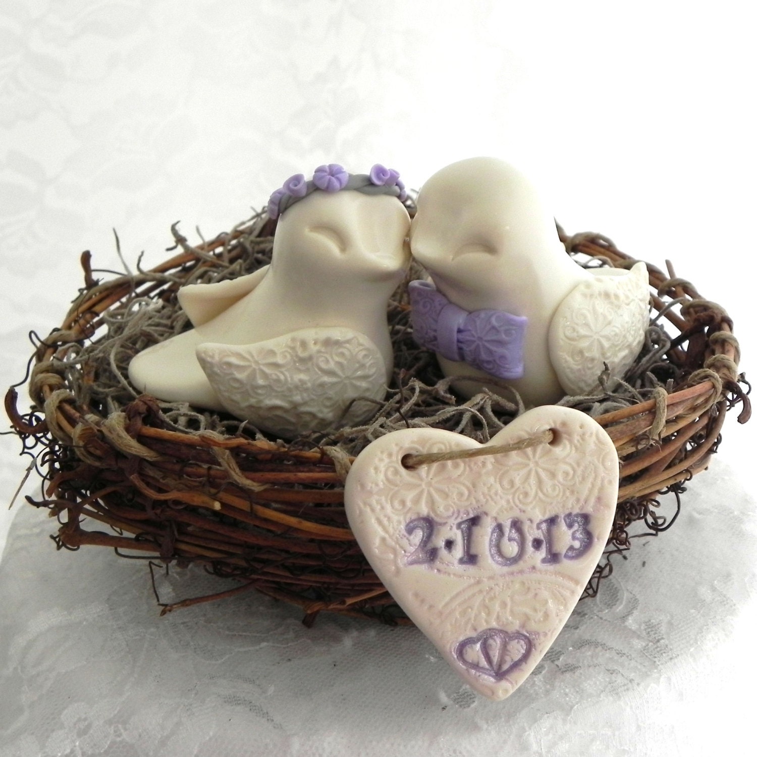 Rustic Wedding Cake Topper - Lilac and Ivory Love Birds in Nest - Personalized Heart, Keepsake