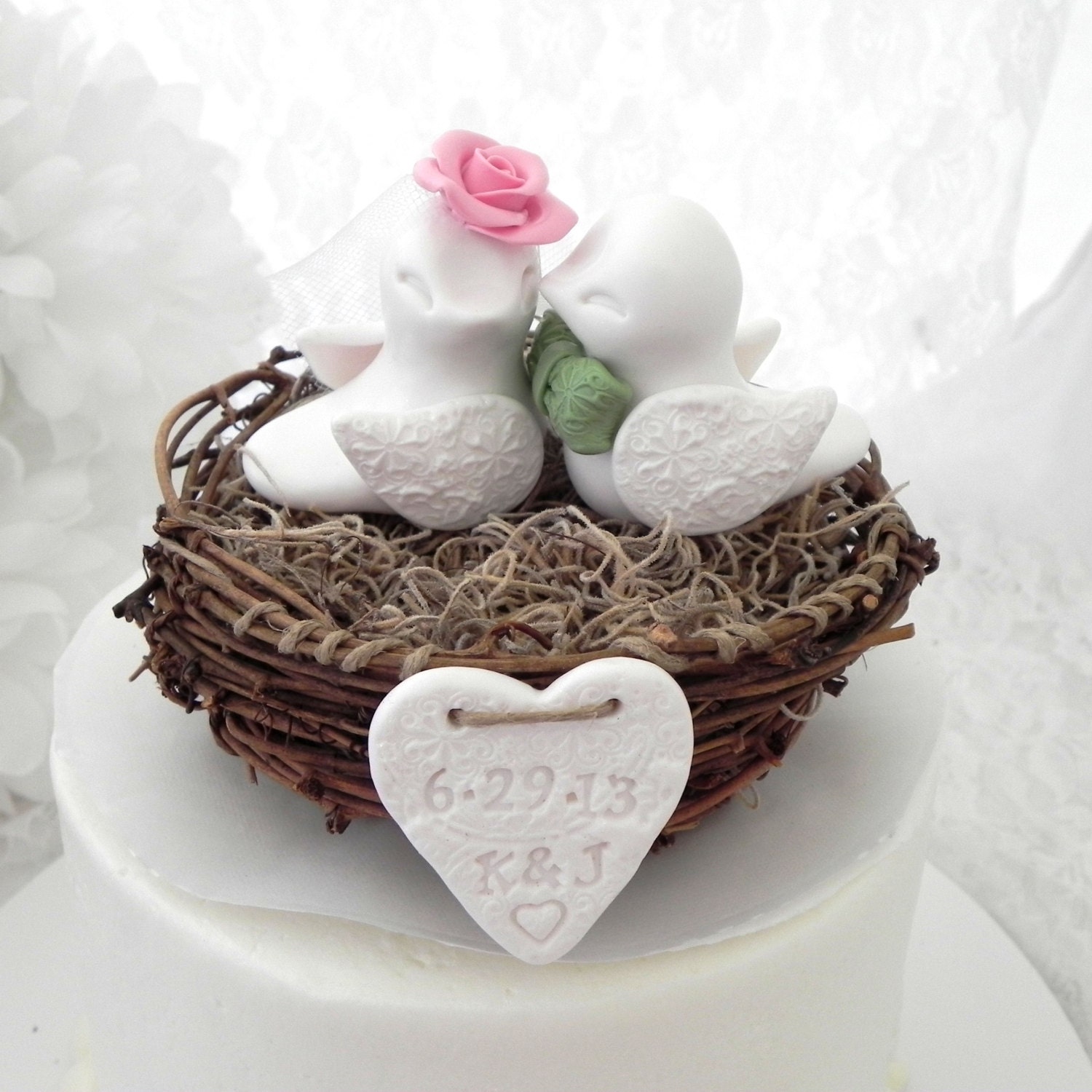 Rustic Wedding Cake Topper -White, Pink, Sage Green, Love Birds in Nest,  Bride and Groom Keepsake, Fully Custom