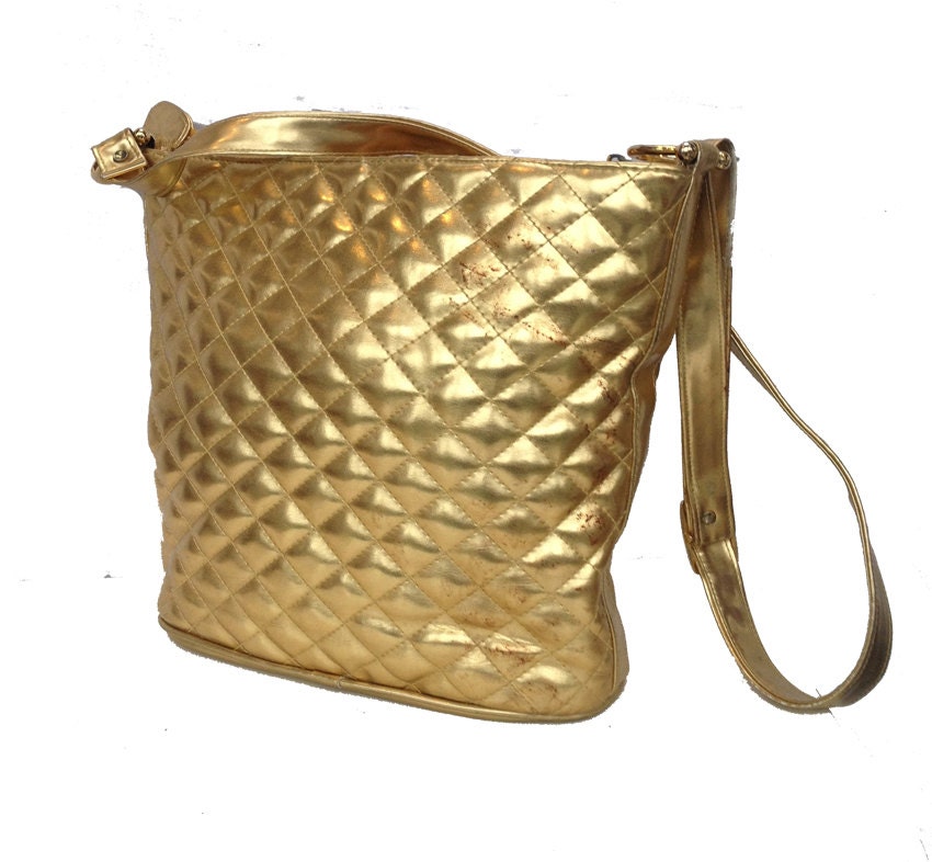 Golden Gal, French Vintage, Gold Metallic Leather Quilted Tote, 1970s Handbag from Paris