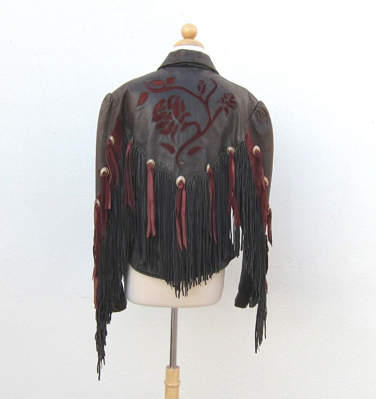 Vintage Fringed Grey Black Leather Motorcycle Jacket w/Silver Conch Detail and Red Floral Design Ladies M/L