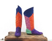 Vintage Color Blocked Suede Slouchy Angled Boho Boots Size 7.5