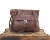 Vintage Distressed Brown Leather Medium Shoulder Tote Bag