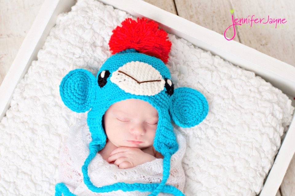 Instant Download PDF crochet pattern blue monkey hat with earflap  sizes newborn-1 years.-etsy