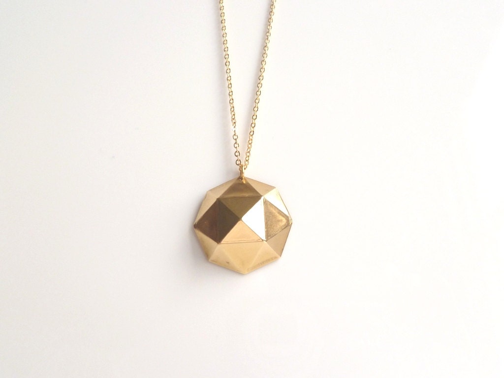 Gold Geometric Necklace - large fun brass polyhedron shape pendant on extra long simple gold plated chain - Triangle Math