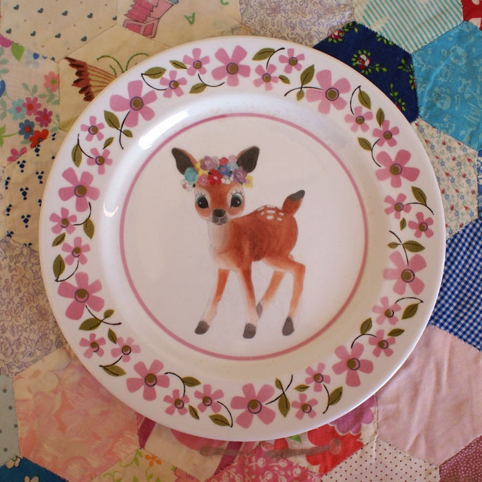 Flower Deer With Pink and Acid Green Retro Floral Vintage Illustrated Plate