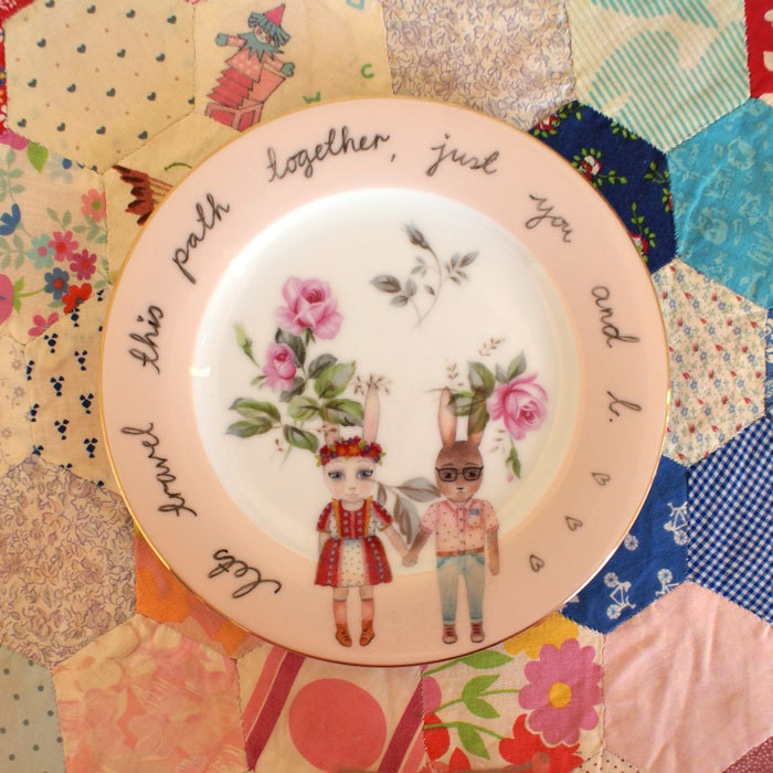 Lets Travel This Path Together Spring Bunnies Vintage Illustrated Plate