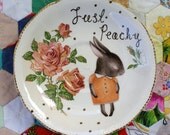 Peach Shy Bunny With Perfect Roses and Tiny Dots Vintage Illustrated Plate