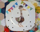 Lucky Duck With Bunting with Dots Vintage Illustrated Plate
