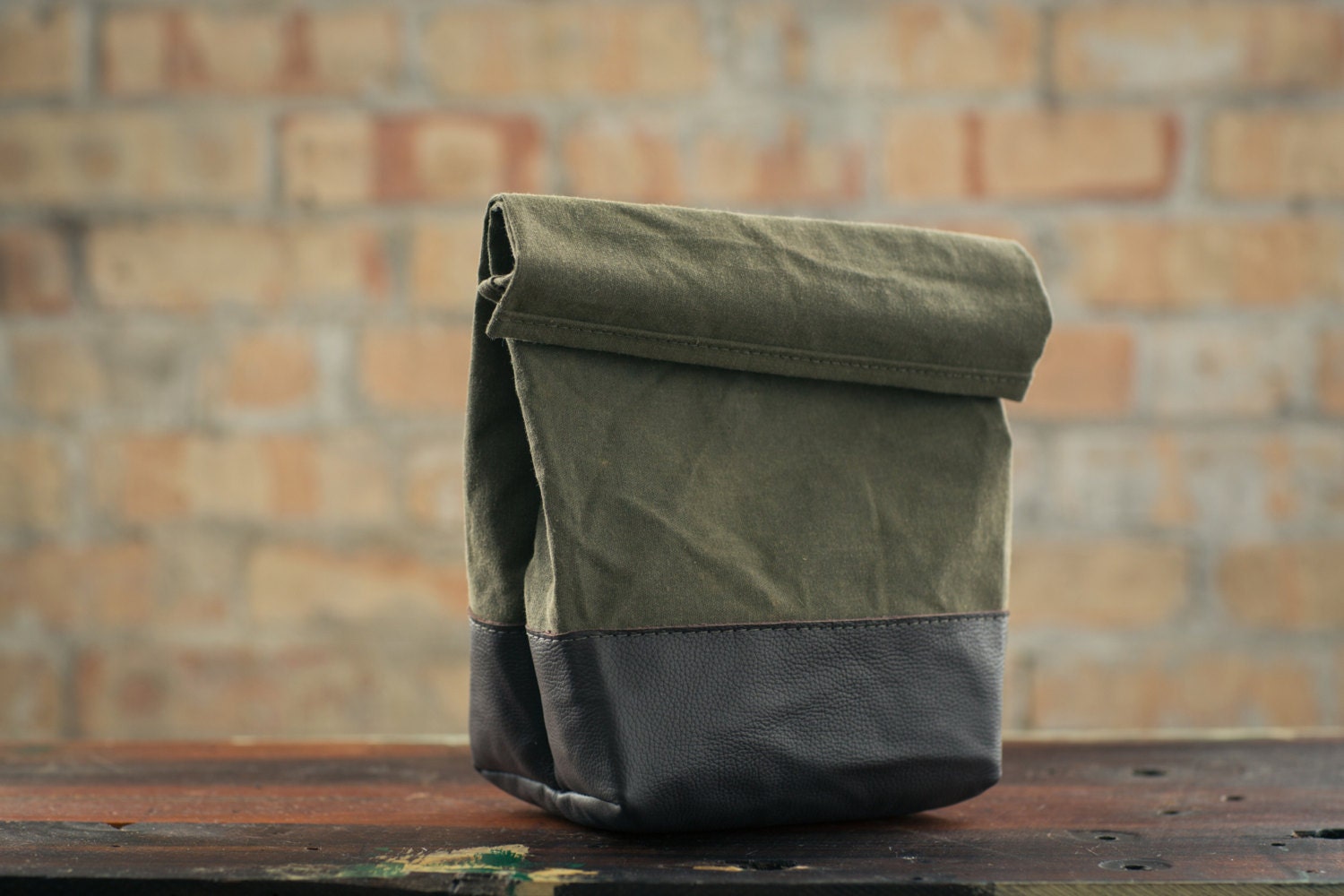Waxed Canvas and Leather Lunch Bag - Green/Dark Brown