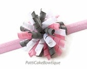 Handmade Pink and Gray Chevron Korker Hair Bow, Baby Girl Korker Headband, Korker Hair Clip