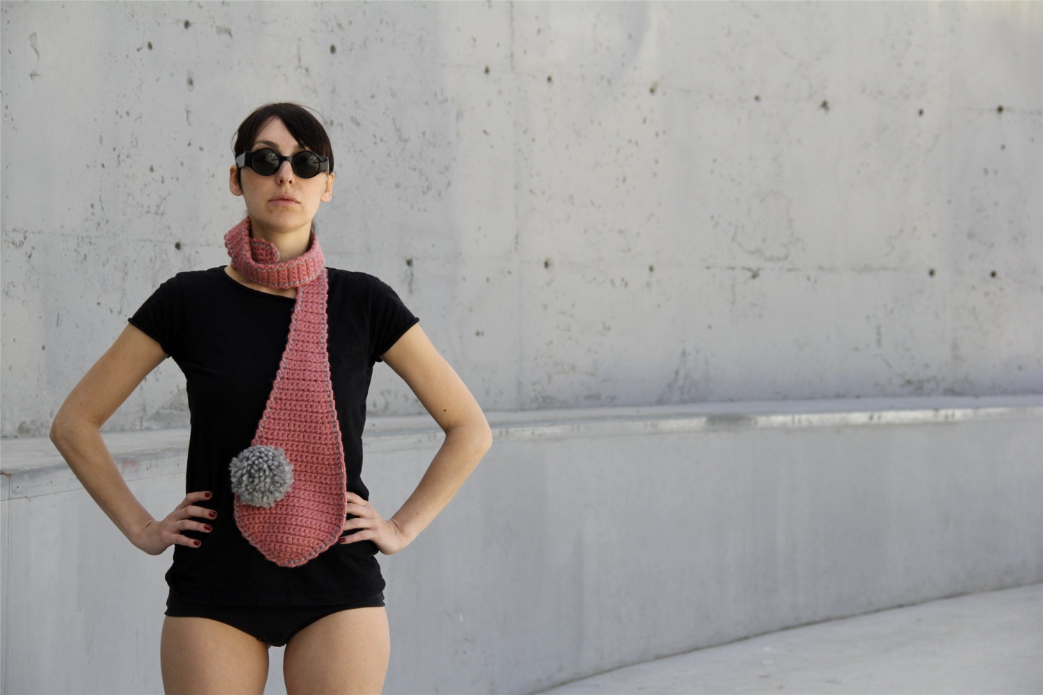 SALE - Pink Funky Necktie Scarf with Big Grey Pom Pom Brooch - 20% off - Ready to Ship SALE