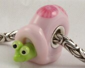 Pink and Green Snail Silver Core BHB Lampwork Glass Handmade SRA Bead NLC Beads leteam