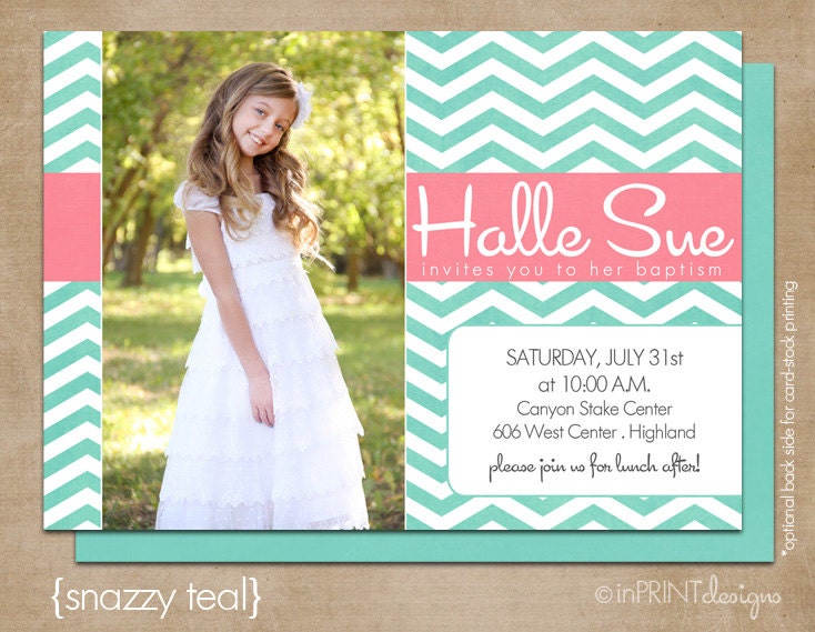 LDS Baptism Photo Invitation (Digital or Printed)- "snazzy teal"