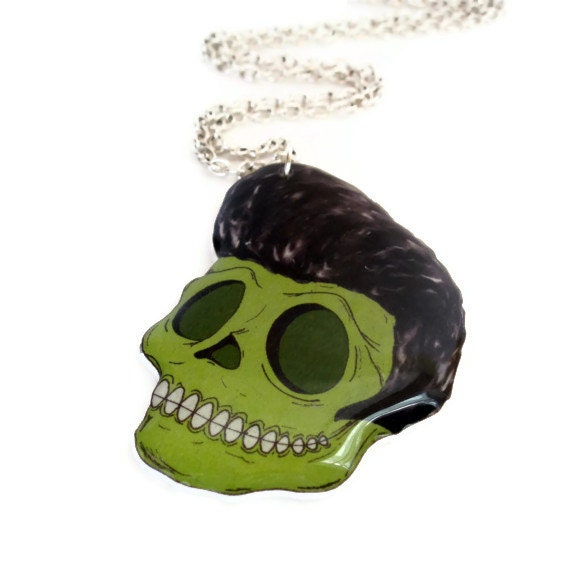 Green Psychobilly Skull Pompadour Necklace Zombie Elvis, Kustom Kulture, Rockabilly