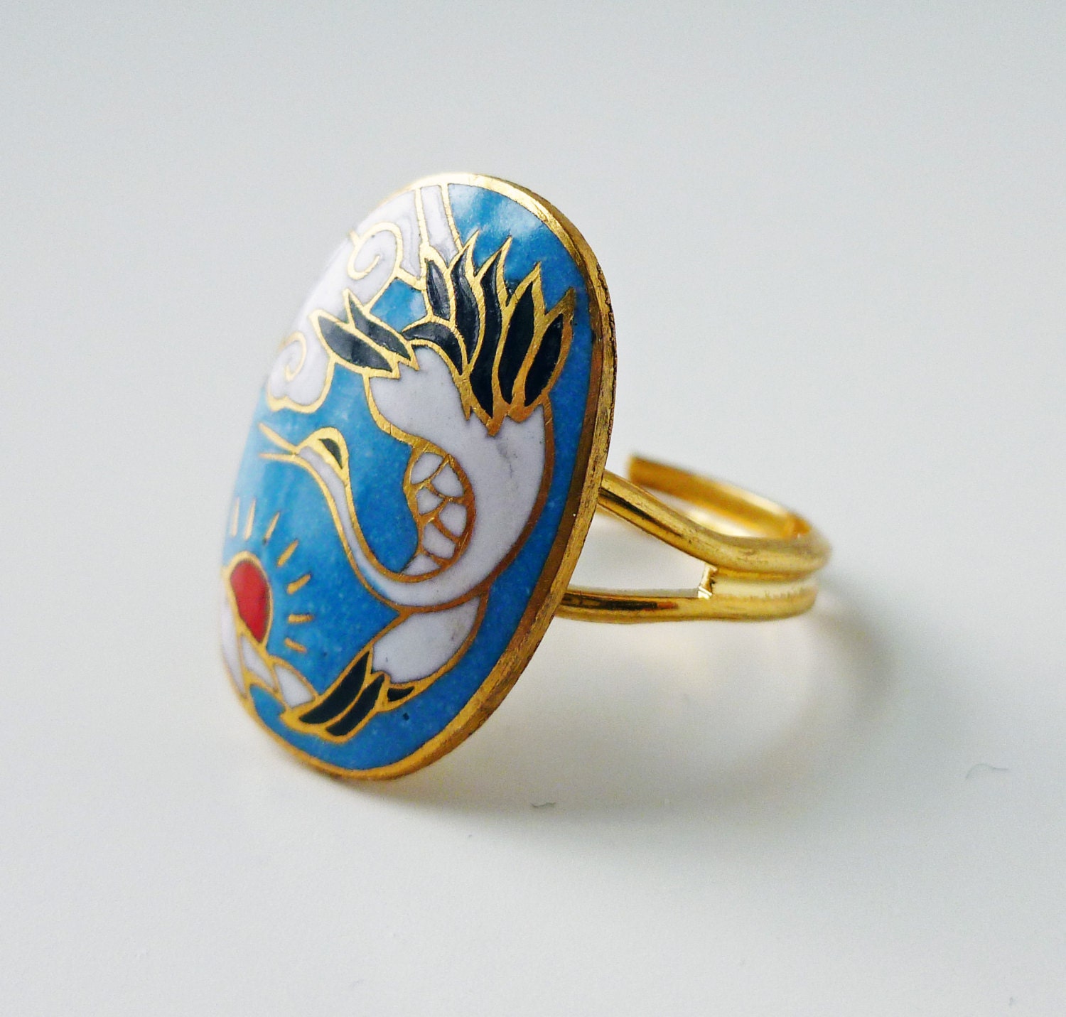 Vintage Cloissone Crane Ring - Blue with Adjustable Gold Ring - Bird - Japanese Inspired Simple Ring