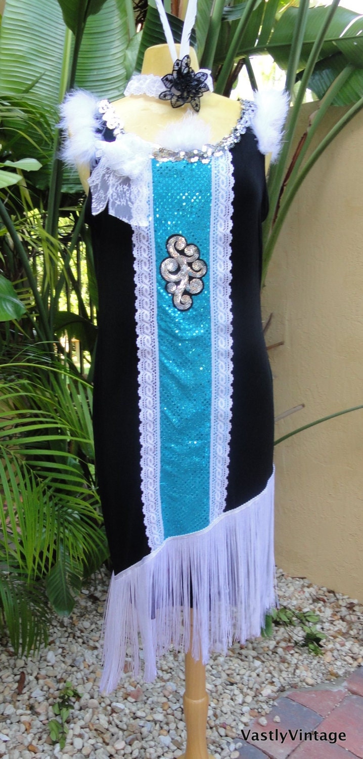 Custom FLAPPER 1920s Great Gatsby Speakeasy Roaring 20s Slip Dress Fringe Trims with Headpiece Included