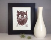 Owl Linocut PRINT - Dark Brown Owl 8x10