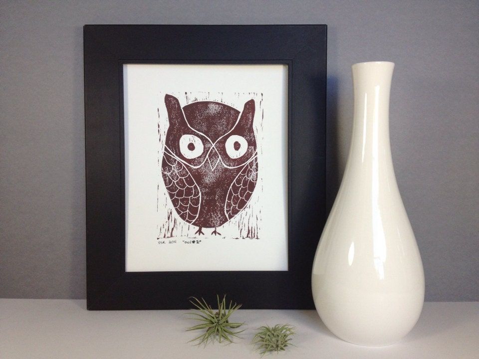 Owl Linocut PRINT - Dark Brown Owl 8x10