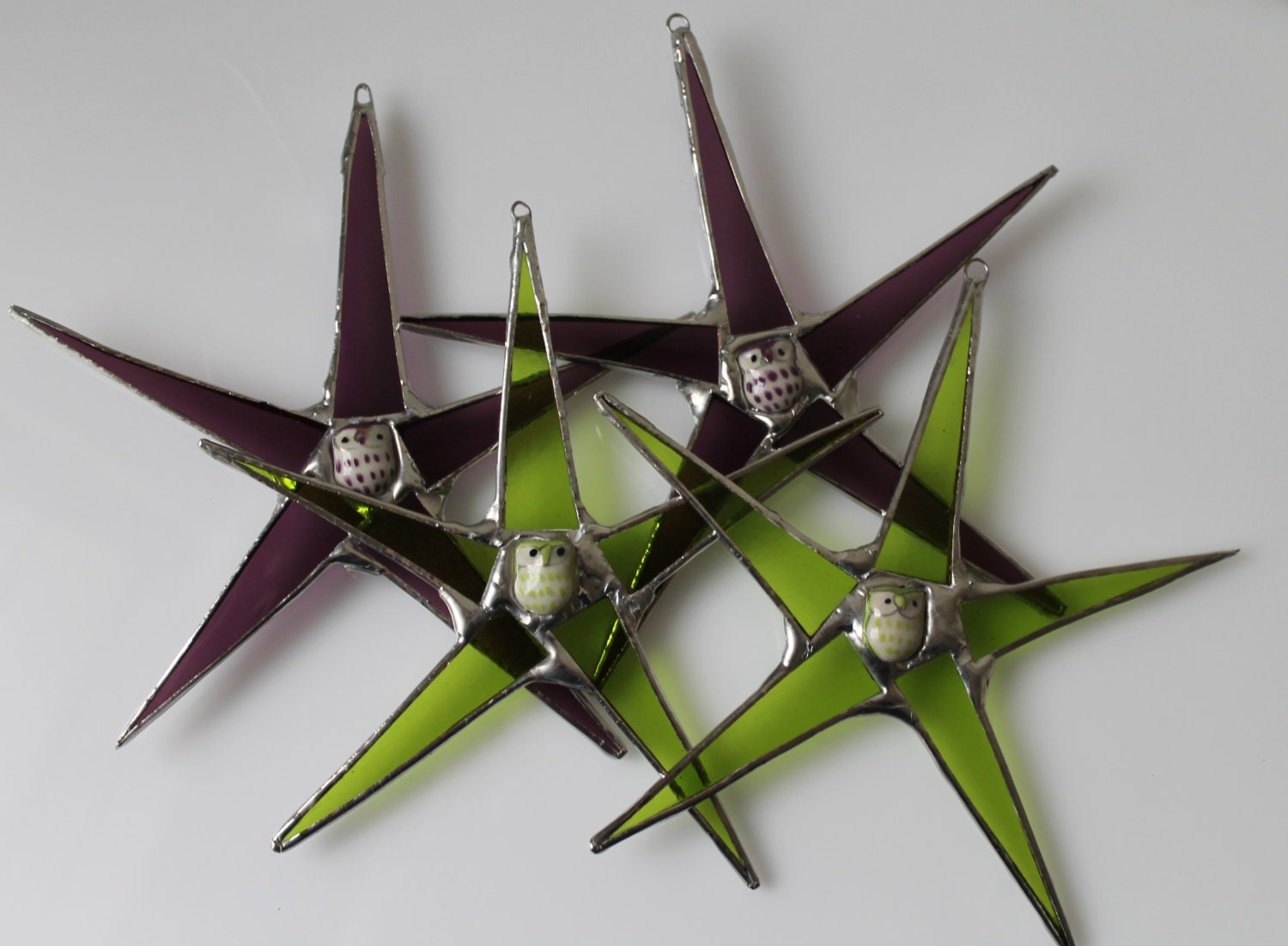 What a Hoot Star. Owl centered stained glass star