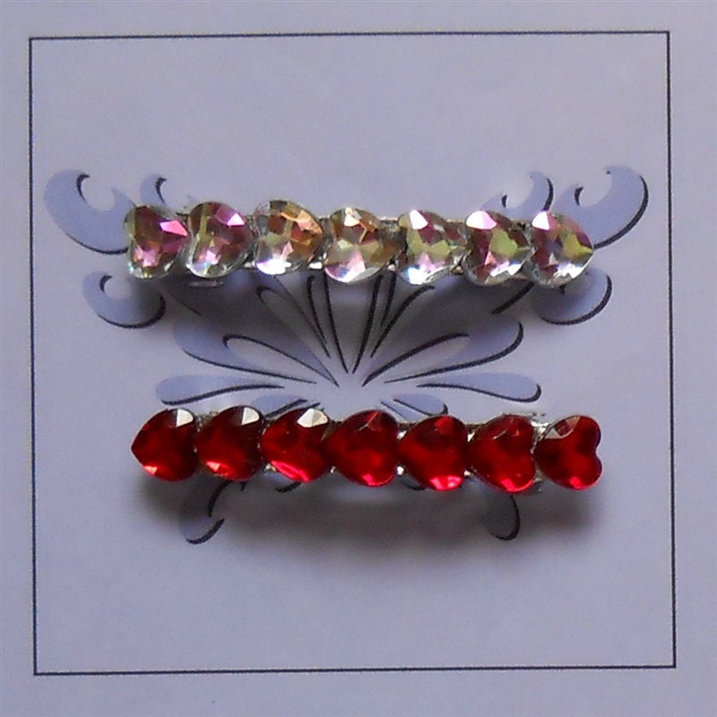 Heart Barrettes, Crystal or Red Rhinestones - Heart Clips - Rhinestone Hair Accessory