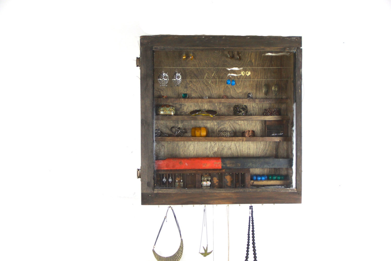 Wall Hanging Jewelry Organizer made from repurposed wood..... Handmade By TangleandFold