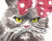 Cat Watercolour PRINT - Grumpy Cat, Grey Cat, Hair Bow, Open Edition, 8x10 Print