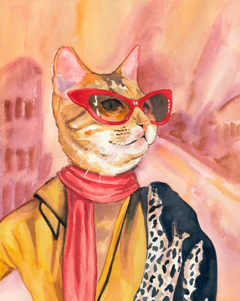 Cat Watercolour PRINT - Cat Eye Glasses, Orange Tabby, 11x14 Watercolor Print, Fashion Cat