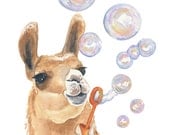 Llama Painting Watercolor PRINT - Bubbles, Llama Watercolour, 8x10 Art Print, Nursery Art