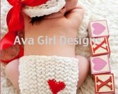 Knitted Valentines Day baby set hat and diaper cover set white and red newborn 0 to 3 months