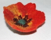 Wet felted wool poppy flower red yellow brooch