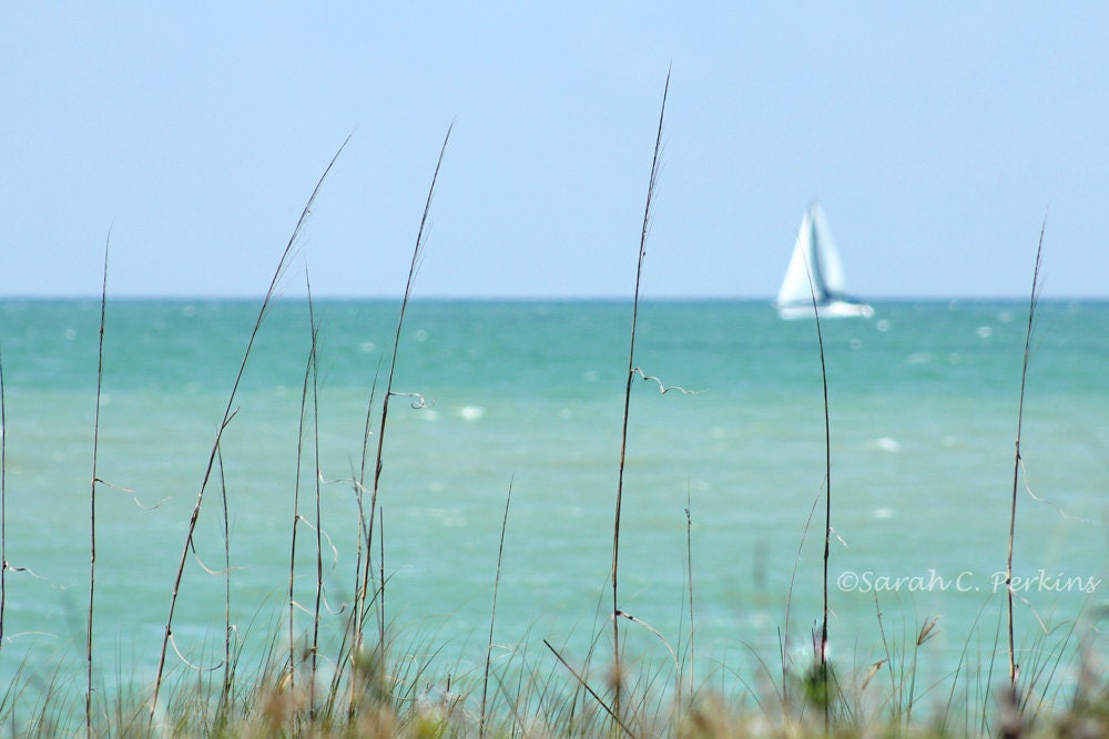 Coastal Florida Ocean Photography Teal Water Sailboat on Horizon Fine Art Photography print 8x10 Gulf coast summer fun Beach home decor