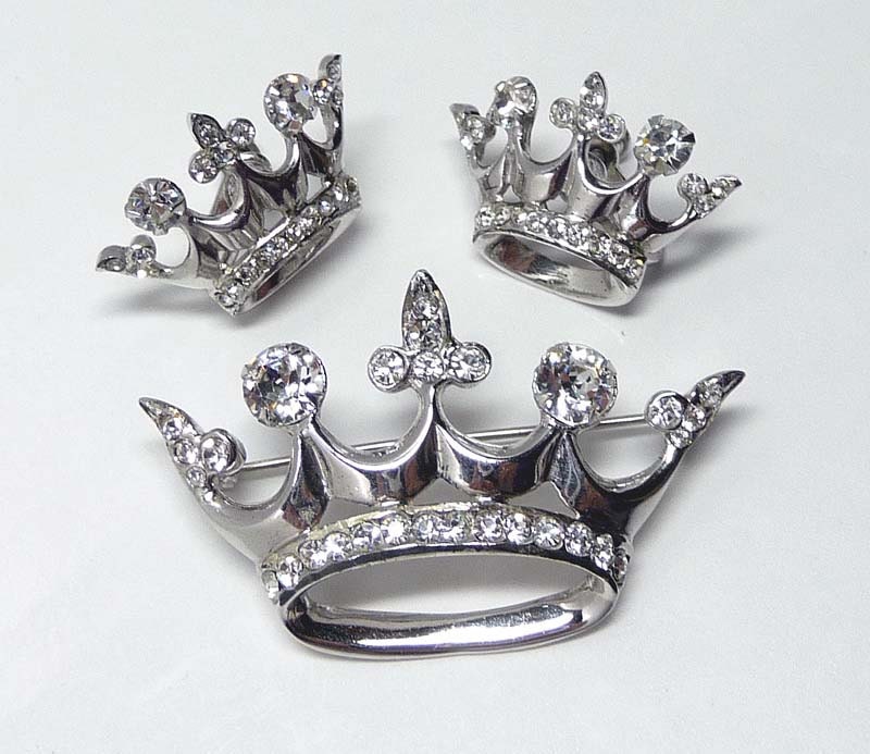 Signed Vintage Crown in Sterling Silver & Clear Rhinestones Brooch and Earring Set Demi Parure