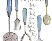 Kitchen utensils illustration, 8X10 art print, Blue kitchen poster, Handwritten home decor, cooking ink drawing print